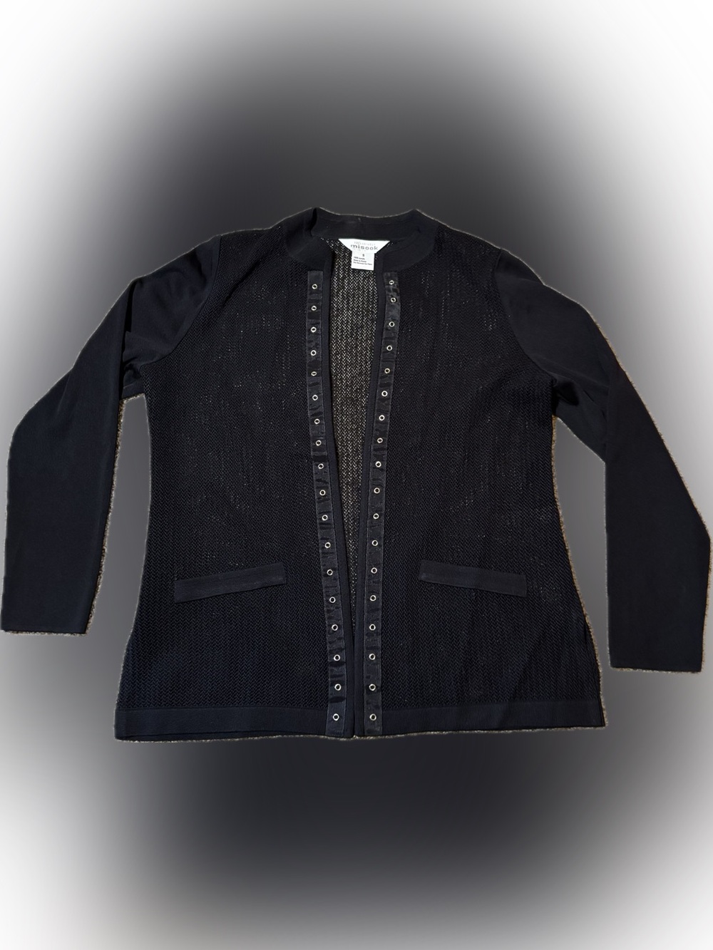 E164 Vintage Misook Black Open Weave Knit Cardigan, Size S